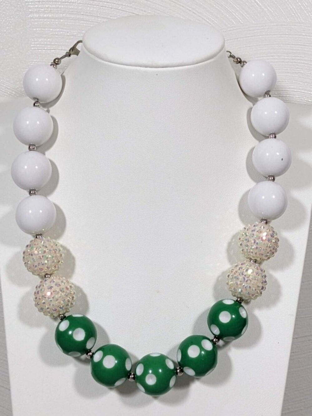 Chunky White Green Aurora Borealis Crystal Ball Acrylic Statement Necklace 19 in